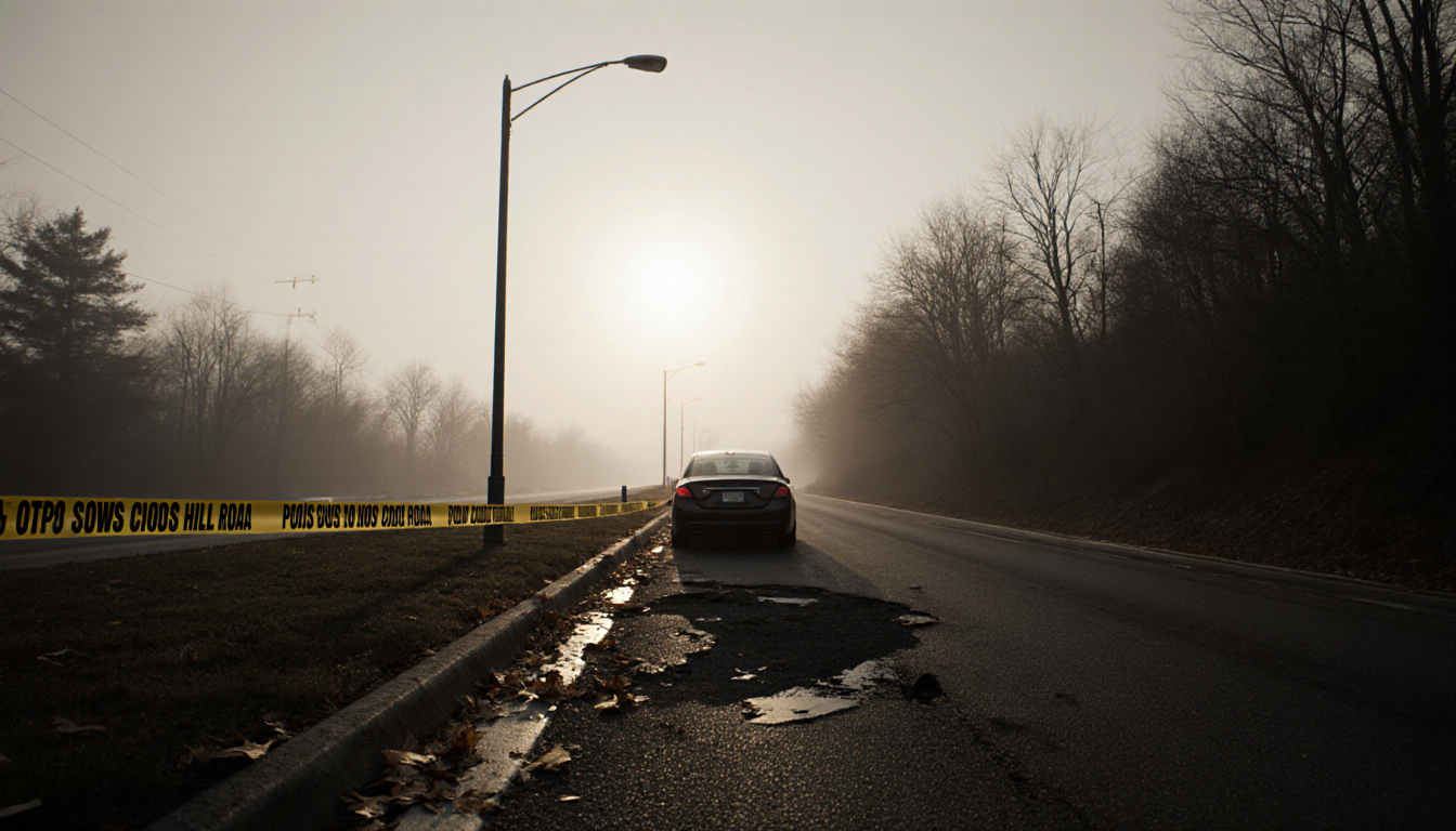 Black sedan with damaged rear bumper sits on asphalt near police tape under a lone streetlight with misty dawn sky.