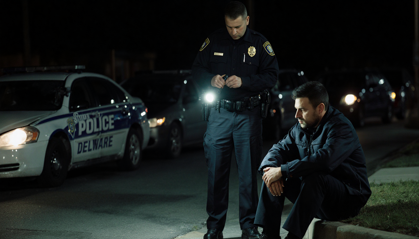Police officer holds flashlight and examines 29‑year‑old Philadelphia driver’s hands with a dented car in background