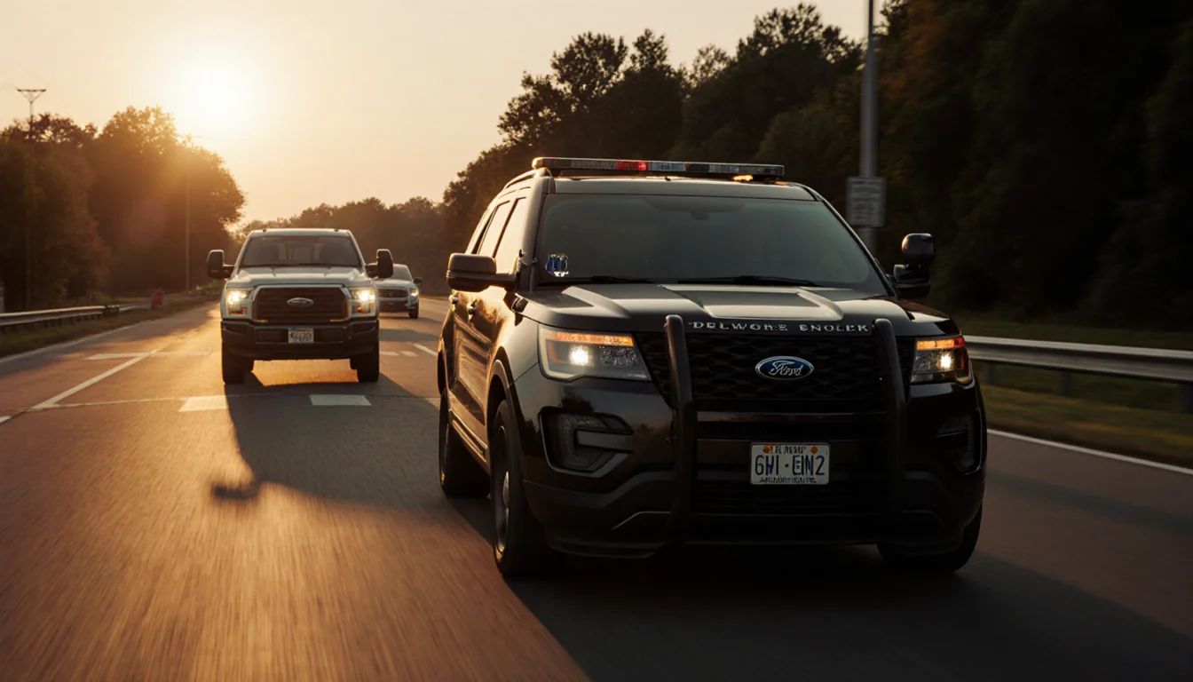 Delaware trooper pursues an SUV on dusk Kirkwood Highway with blurred motion and sunset sky.