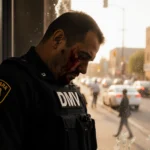 Delaware trooper slumps against DMV doorframe with bullet-riddled vest and bloodied face and warm light across broken window