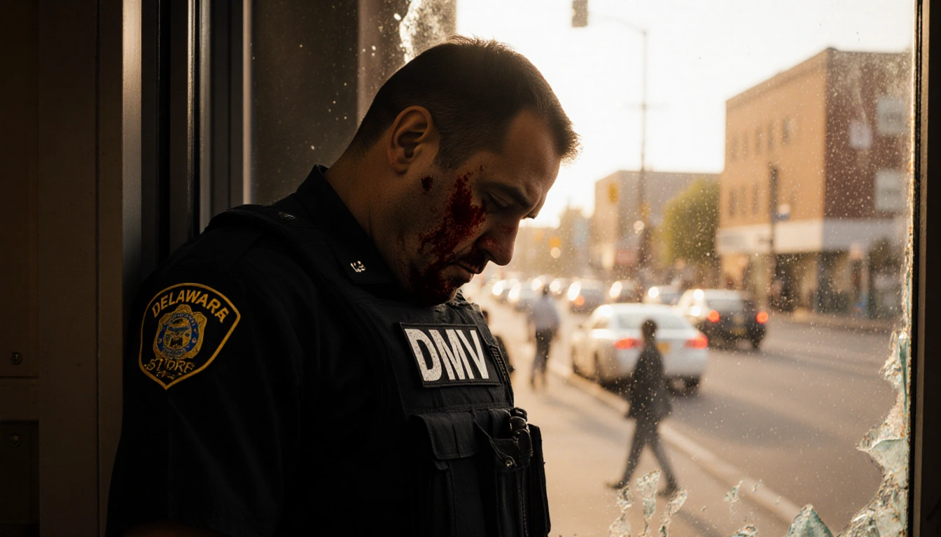 Delaware trooper slumps against DMV doorframe with bullet-riddled vest and bloodied face and warm light across broken window