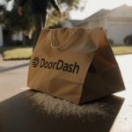 DoorDash bag opening on porch with faint white residue and long sunlit shadows.