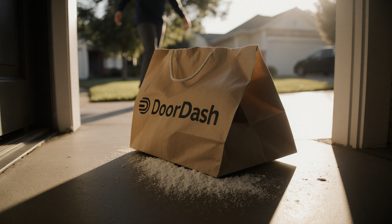 DoorDash bag opening on porch with faint white residue and long sunlit shadows.