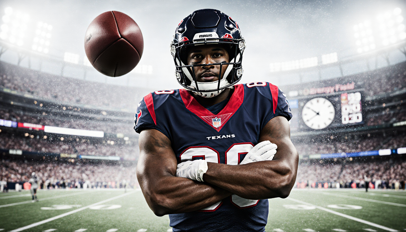 DeMeco Ryans intercepts Patrick Mahomes pass with arms crossed and stadium backdrop showing fourth down clock.