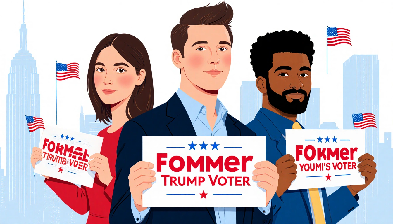 Three young men standing back-to-back holding red 'former Trump voter' signs and American flags waving Democratic momentum