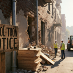 Worn wooden sign creaks with faded Demolition Notice beside a construction crew and partially demolished alley