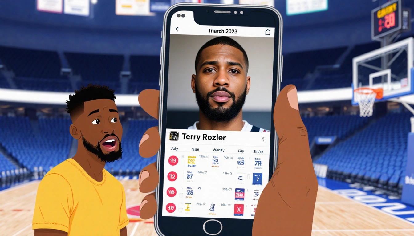 Deniro Laster holds phone with Terry Rozier's face screen showing game list blurred basketball court with betting slips