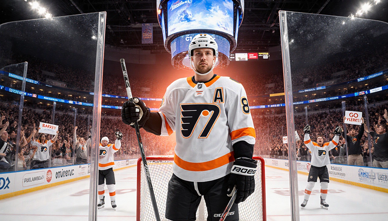 Denver Barkey holds his stick with number 87 visible and looks at the camera in a packed hockey stadium with sunset lights