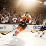 Denver Barkey skating with puck mid-air and blur lights highlight intensity and a sea of cheering Flyers fans in background