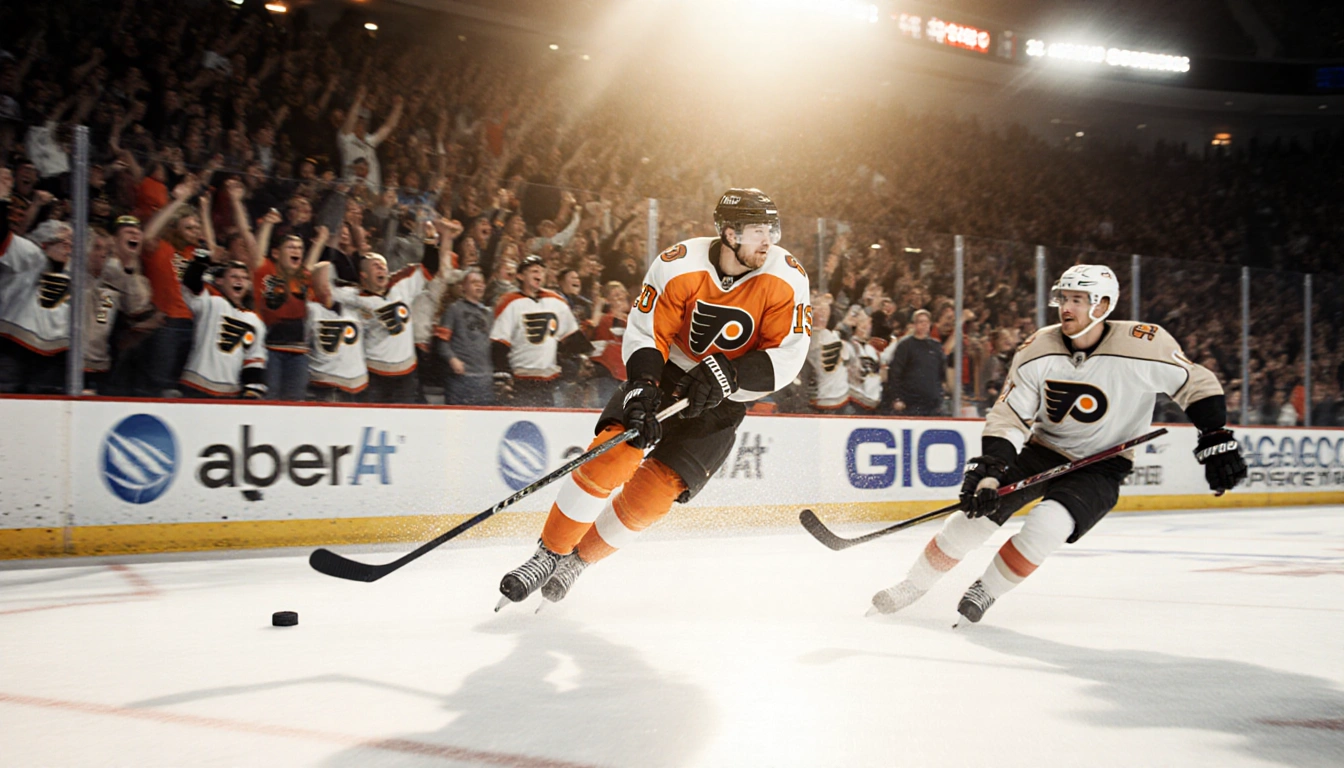 Denver Barkey skating with puck mid-air and blur lights highlight intensity and a sea of cheering Flyers fans in background
