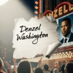 A peeling marquee sign showing mispronounced Denzel Washington on a movie theater with a spotlight and a faint reflection of