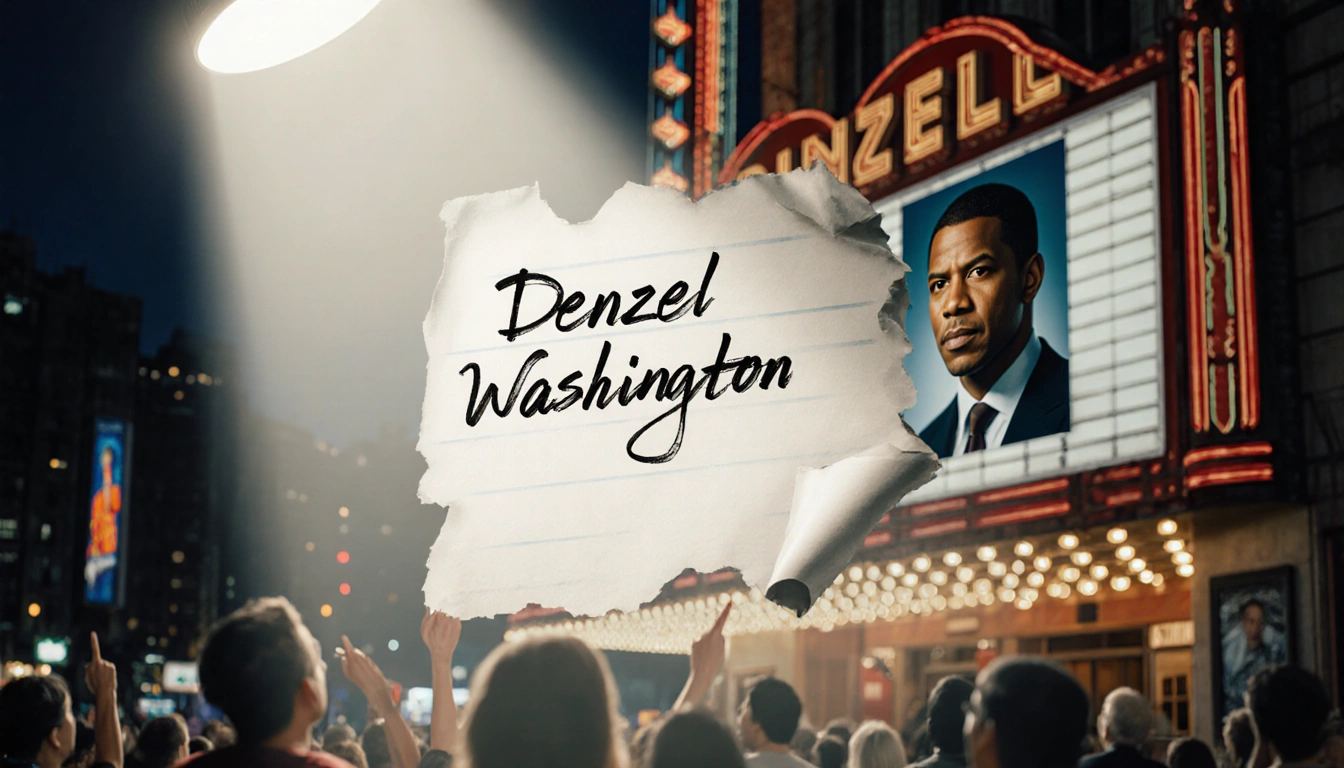 A peeling marquee sign showing mispronounced Denzel Washington on a movie theater with a spotlight and a faint reflection of