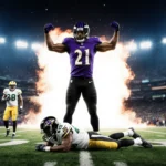 Derrick Henry dominates fallen Packers football player with Ravens jersey and victorious end zone glow under stadium lights