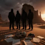 Four shadowy figures standing with a discarded bomb kit and explosive documents in a dusk desert