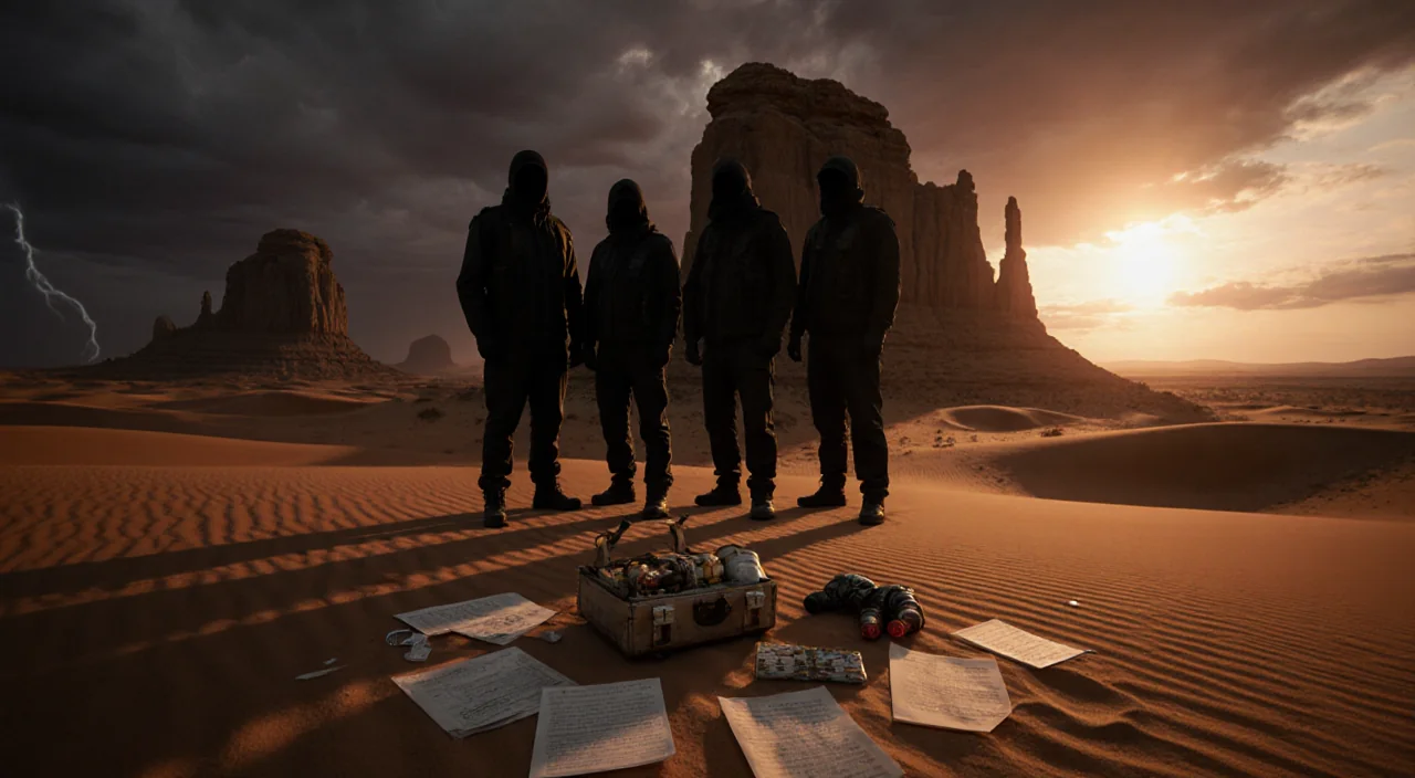 Four shadowy figures standing with a discarded bomb kit and explosive documents in a dusk desert