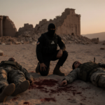 A lone soldier in a black vest kneels beside fallen Americans with blood‑stained earth and a setting sun over desert ruins.