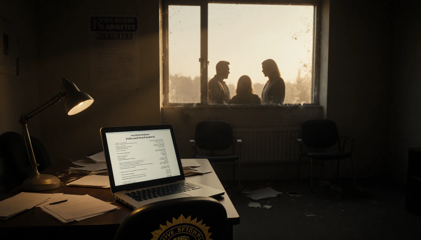 Laptop screen displaying financial statement with golden light seeping through window and FBI badge near chair