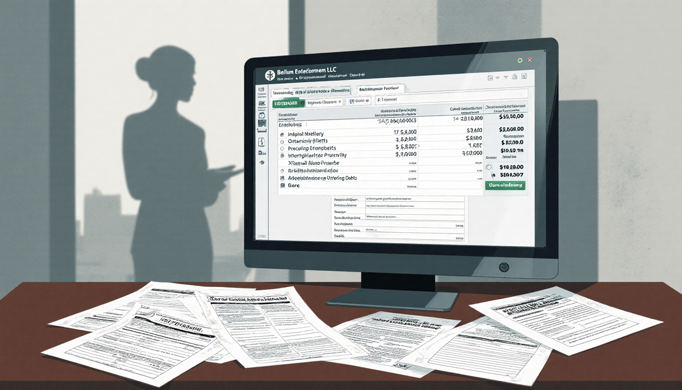 Computer screen displays debts with scattered financial documents on desk and faint CEO silhouette in background