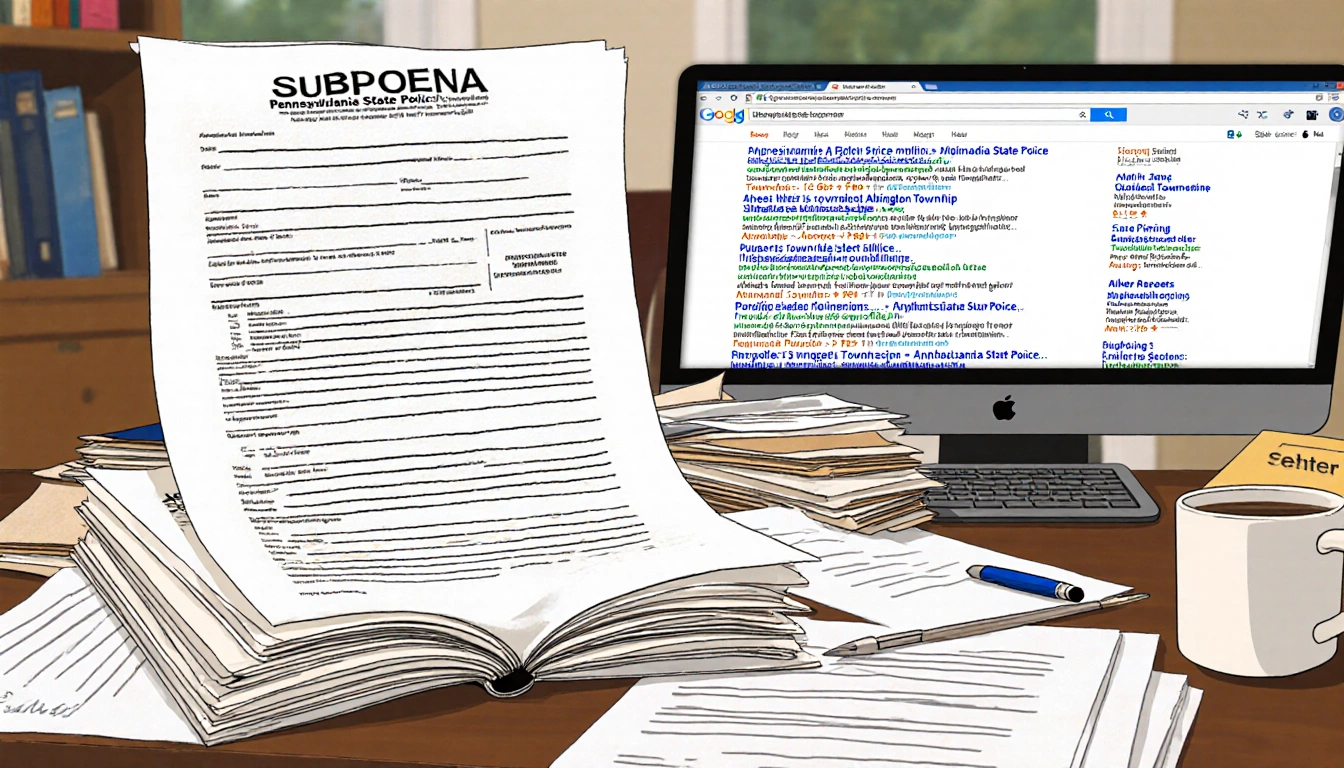 Papers scattered on a desk with an open subpoena and coffee cup and pen and screen shows search results