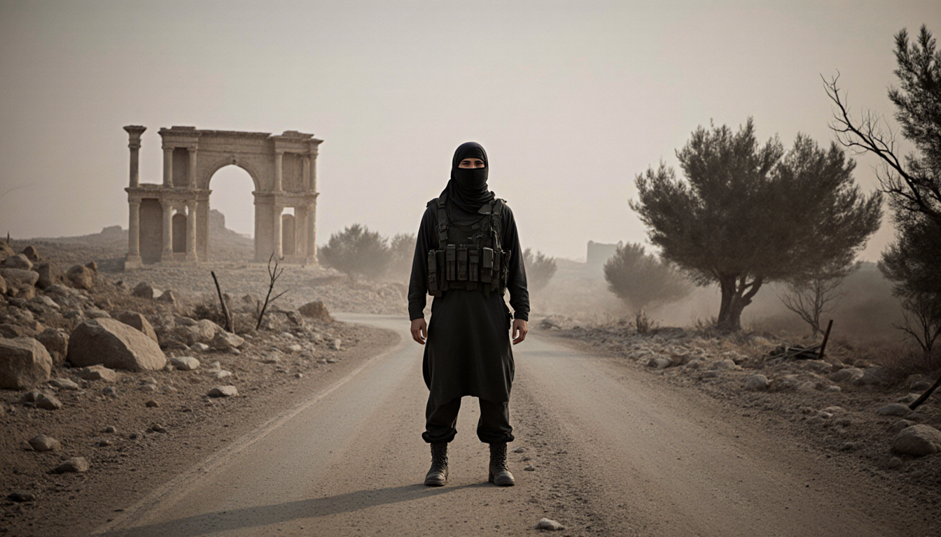 Lone figure standing on a desolate road in dusty Syria with dark attire and distant Palmyra ruins in background