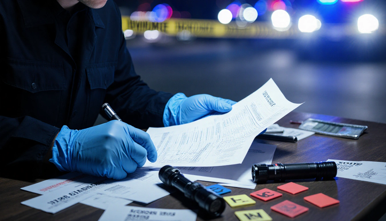 Detective examining police report with flashlight and forensic gloves in lighting near yellow tape.