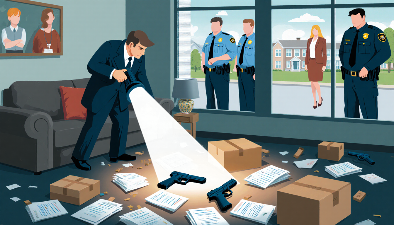 Detective investigating in home with searchlight illuminating living room floor and two handguns among boxes.