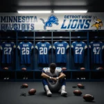 Lone player sits on locker room floor staring defeated with discarded footballs and cleats around and a Vikings logo overhead