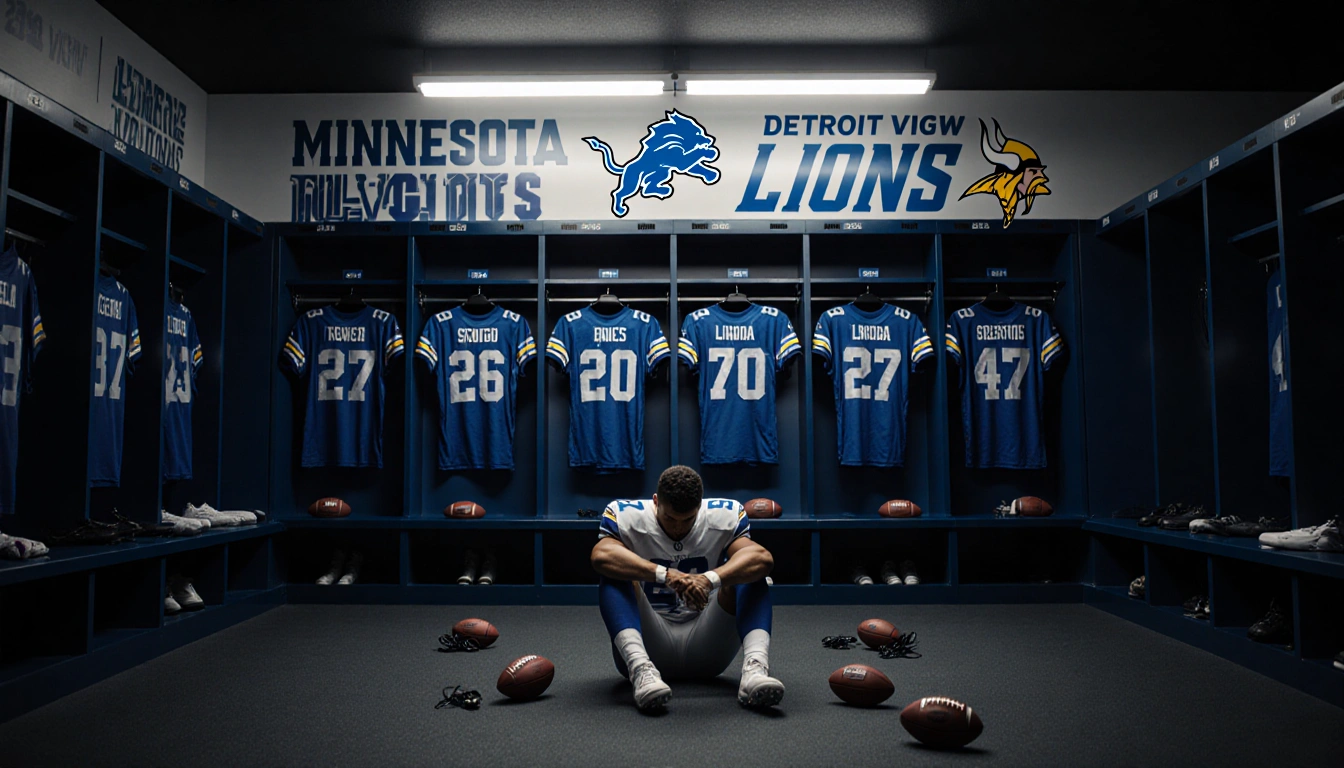 Lone player sits on locker room floor staring defeated with discarded footballs and cleats around and a Vikings logo overhead