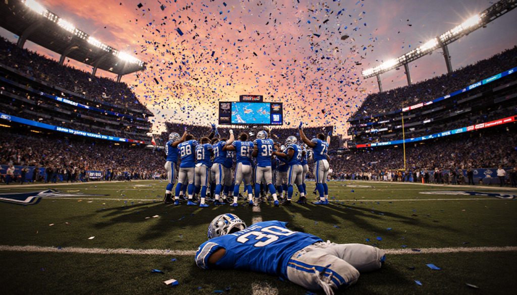 Detroit Lions players raising arms in triumph with confetti raining over them against a sunset stadium sky.