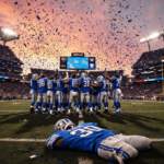 Detroit Lions players raising arms in triumph with confetti raining over them against a sunset stadium sky.