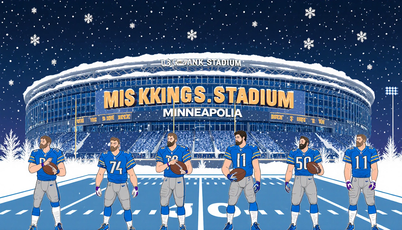 Detroit Lions players standing on Vikings field holding footballs with snowflakes and warm stadium lights