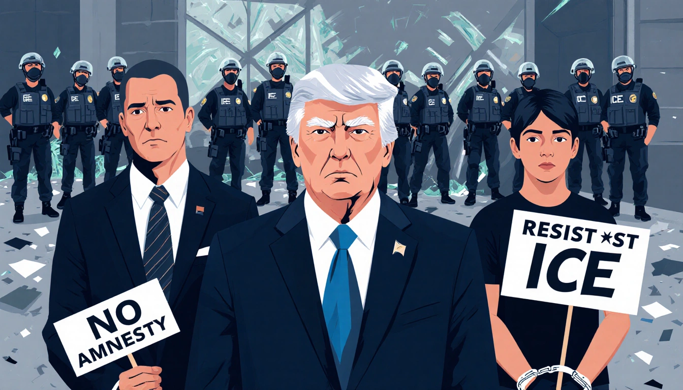 DHHS officials address media with handcuffed civilians holding protest signs and blurred riot gear behind