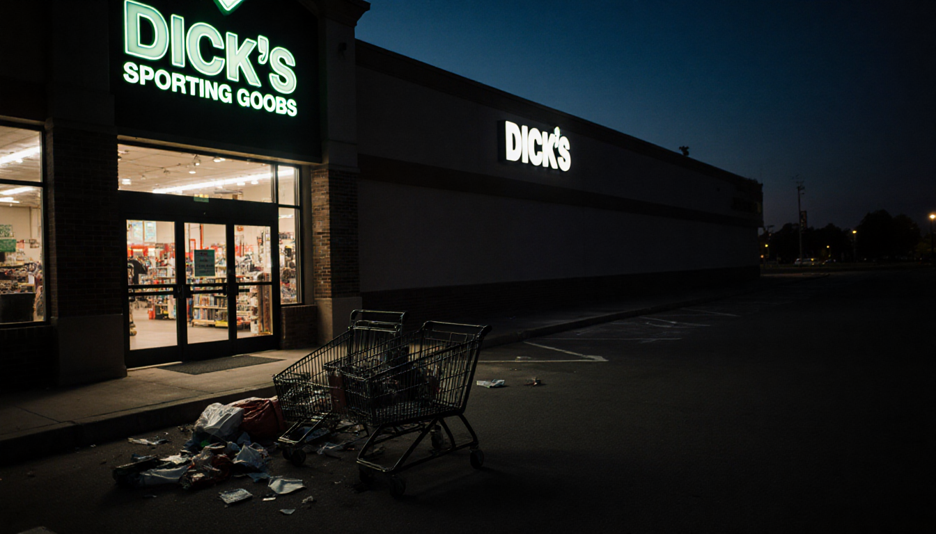 Abandoned cart lies with scattered merchandise and looming dark shadow over Dick