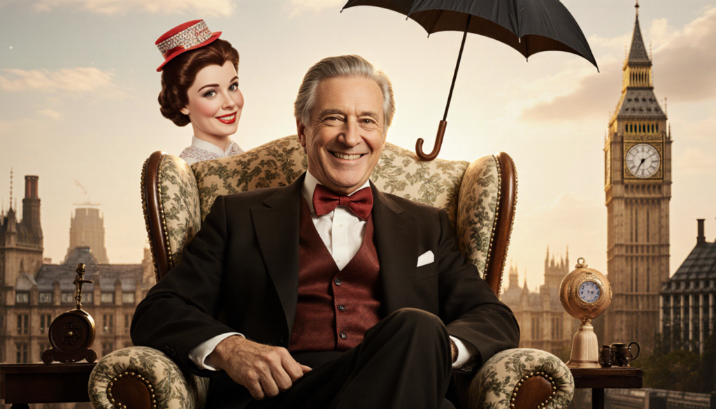 Dick Van Dyke smiles while seated in a nostalgic vintage armchair with a Mary Poppins umbrella and a bow tie against a gradie