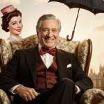 Dick Van Dyke smiles while seated in a nostalgic vintage armchair with a Mary Poppins umbrella and a bow tie against a gradie