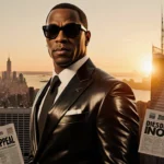 Diddy standing with Manhattan skyline reflected on his suit and newspaper headlines Free Diddy Now in background ready