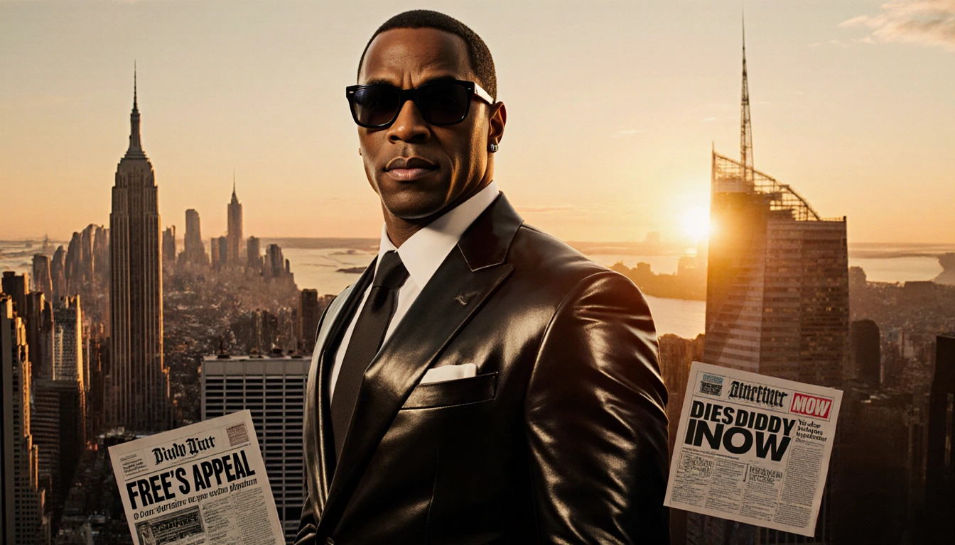Diddy standing with Manhattan skyline reflected on his suit and newspaper headlines Free Diddy Now in background ready