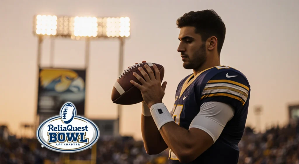 Diego Pavia holds a football and looks down at it with determination under a sunset sky reflected by stadium lights