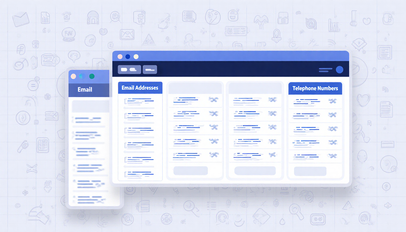 Digital interface scrolling email addresses and phone numbers with muted colors and subtle social media icon background