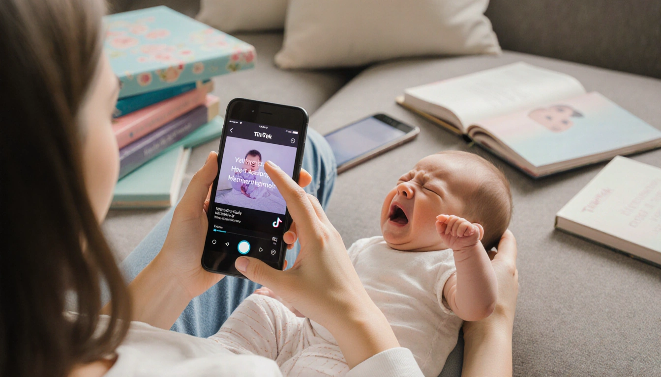 Young mother holding crying infant with phone showing TikTok calming video