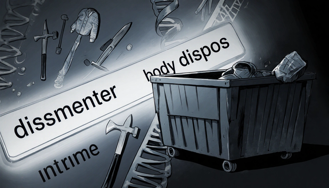 Digital search screen shows keywords dismember and body disposal with faint dumpster and DNA strands near crime scene tape