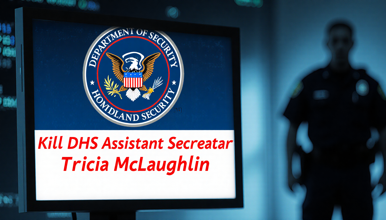 Computer monitor showing a red warning message with blurred DHS logo and faint ICE agent silhouette.