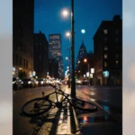 Crumpled bicycle lies abandoned beside a shattered sidewalk grate with shadows from a lone streetlight over wet road in a cit
