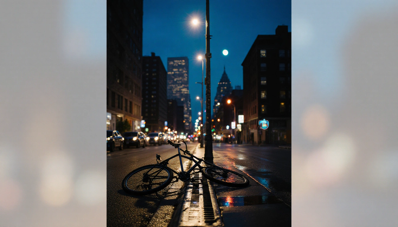 Crumpled bicycle lies abandoned beside a shattered sidewalk grate with shadows from a lone streetlight over wet road in a cit