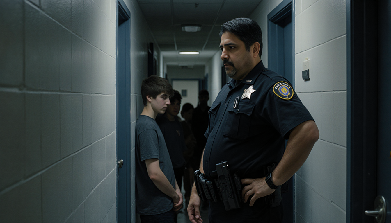 House parent standing in dim hallway doorway with teen looking fearful and firearm holster visible near waistband.