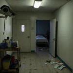 Hallway illuminated by harsh fluorescent light with cracked security camera and door revealing cluttered room with elderly be