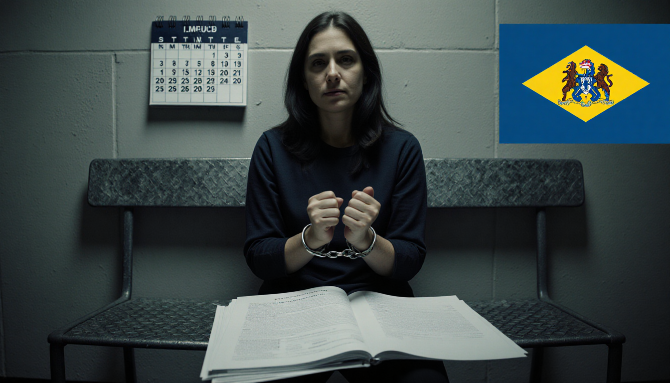 Dinorscia sits on metal bench jail cell with cuffs on armrests court documents bond amount on calendar flag in corner