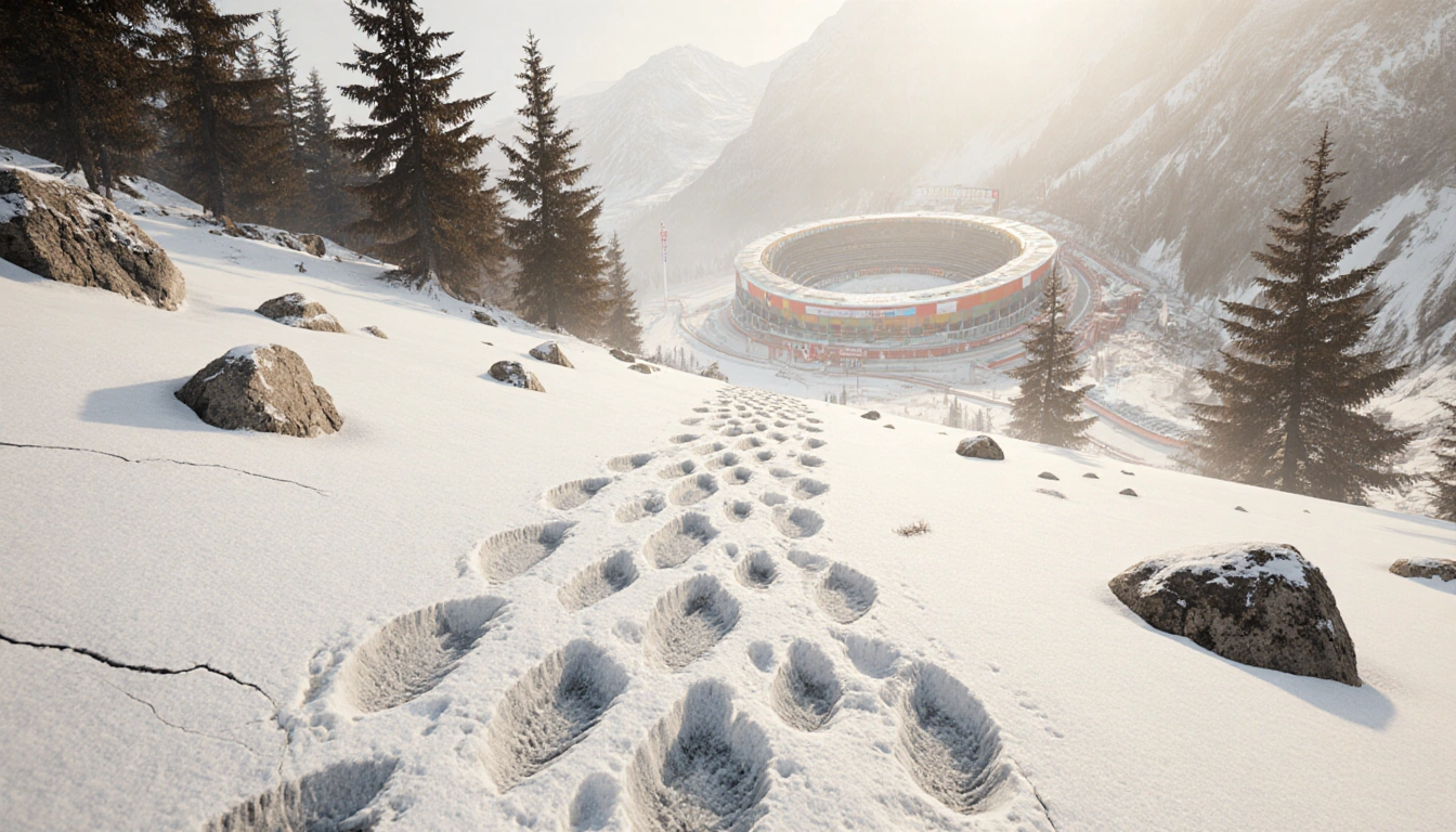 Dinosaur footprints trail up a snowy slope with misty mountains and pine trees nearby.