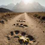 Dinosaur footprints stretch across Tuscan fields with a fossil leaf near the trail beside Dolomites.