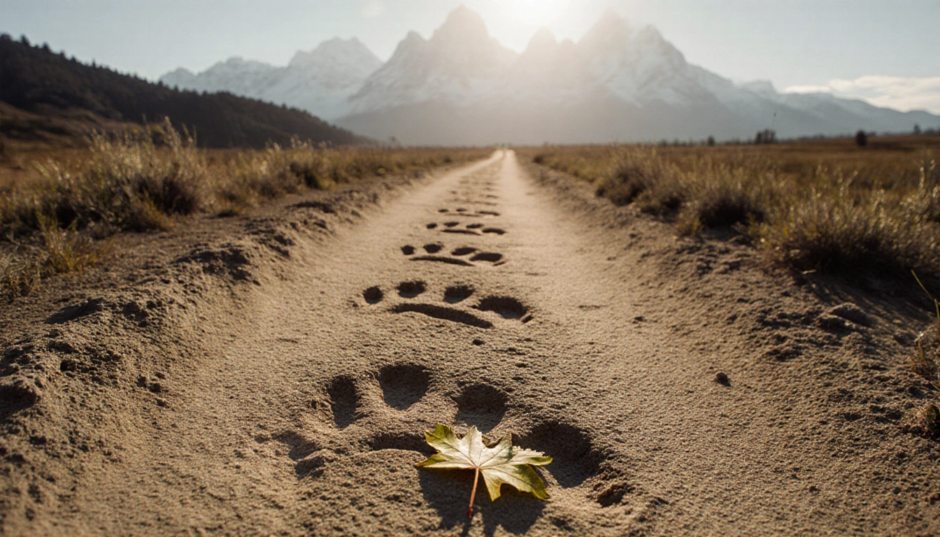 Dinosaur footprints stretch across Tuscan fields with a fossil leaf near the trail beside Dolomites.